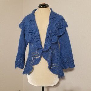 Hand Crafted Blue Mohair Knitted Lace Cardigan Size S